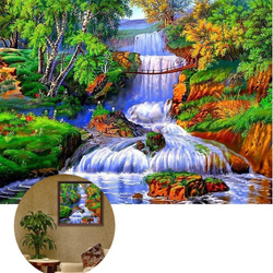 DIAMENTOWA MOZAIKA 30x40 CM MOST NAD WODOSPADEM W LESIE HAFT DIAMENTOWY