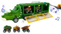 AUTO DINOZAUR ZE ZJEŻDŻALNIĄ LAWETA tir autka W WALIZCE POJAZDY DINOZAURY