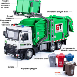 AUTO ŚMIECIARKA METALOWA Z NAPĘDEM ZABAWKA KOSZE NA SEGREGACJA DLA DZIECI