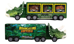 AUTO DINOZAUR ZE ZJEŻDŻALNIĄ LAWETA tir autka W WALIZCE POJAZDY DINOZAURY