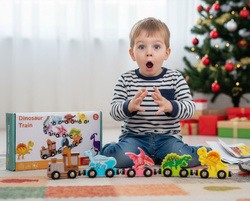 Kolejka Drewniana DINO Pociąg na Magnes DINOZAURY Wagony Zestaw dla Dzieci