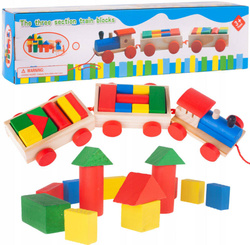 DREWNIANY POCIĄG Z WAGONIKAMI KOLEJKA CIUCHCIA Z KLOCKAMI 19EL. ZESTAW