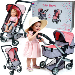 WÓZEK GONDOLA DLA LALEK LALKI GŁĘBOKI SPACEROWY ZABAWKA 2W1 DUŻE KÓŁKA