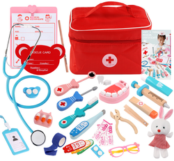 DREWNIANY ZESTAW LEKARSKI DLA DZIECI ZABAWKA MAŁY LEKARZ DENTYSTA Z WALIZKA