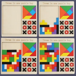 UKŁADANKA 3W1 TETRIS TANGRAM GRA KÓŁKO I KRZYŻYK KLOCKI Z DREWNA NA PREZENT