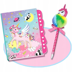 PAMIĘTNIK SEKRETNY NA KOD SZYFR DŁUGOPIS UNICORN JEDNOROŻEC Z POMPONEM