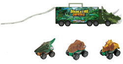 AUTO DINOZAUR ZE ZJEŻDŻALNIĄ LAWETA tir autka W WALIZCE POJAZDY DINOZAURY