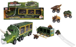 AUTO DINOZAUR ZE ZJEŻDŻALNIĄ LAWETA tir autka W WALIZCE POJAZDY DINOZAURY