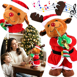 TAŃCZĄCY RENIFER W STROJU MIKOŁAJA Z SAKSOFONEM GRAJĄCA OZDOBA ŚWIĄTECZNA