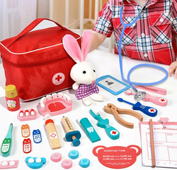 DREWNIANY ZESTAW LEKARSKI DLA DZIECI ZABAWKA MAŁY LEKARZ DENTYSTA Z WALIZKA