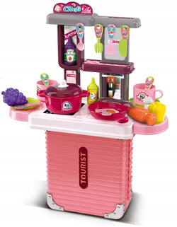 KUCHNIA DLA DZIECI KOMPLET Z GARNKAMI RÓŻOWA ZABAWKOWA WALIZKA 35 DODATKÓW