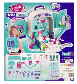 DUŻY OTWIERANY DOMEK Z LALKA W PLECAKU I ZESTAW LEKARZ DOKTOR DO ZABAWY 3w1