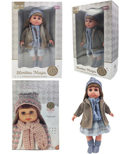 LALKA SŁODKA MAJA Z SZALIKIEM SPÓDNICZKA W KRATĘ ZABAWKA DLA DZIEWCZYNKI