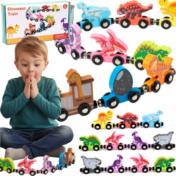 Kolejka Drewniana DINO Pociąg na Magnes DINOZAURY Wagony Zestaw dla Dzieci