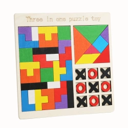 UKŁADANKA 3W1 TETRIS TANGRAM GRA KÓŁKO I KRZYŻYK KLOCKI Z DREWNA NA PREZENT