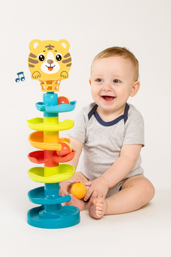 WIEŻA EDUKACYJNA TYGRYSEK ZJEŻDŻALNIA TOR DLA PIŁEK KULEK Z KOSZEM DZIECI