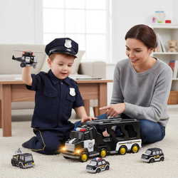 ZESTAW POLICYJNY AUTO POLICJA TRANSPORTER GARAŻ CIĘŻARÓWKA NA BATERIE Z LED