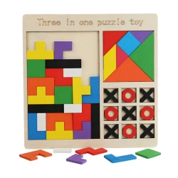 UKŁADANKA 3W1 TETRIS TANGRAM GRA KÓŁKO I KRZYŻYK KLOCKI Z DREWNA NA PREZENT