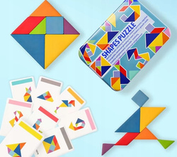 TANGRAM DREWNIANE PUZZLE UKŁADANKA W METALOWYM PUDEŁKU +120 KART Z FIGURAMI