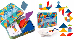 TANGRAM DREWNIANE PUZZLE UKŁADANKA W METALOWYM PUDEŁKU +120 KART Z FIGURAMI