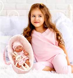 LALKA BOBAS NIEMOWLAK W SUKIENCE NOSIDEŁKU Z MASKOTKA KRÓLIK NA PREZENT