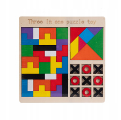 UKŁADANKA 3W1 TETRIS TANGRAM GRA KÓŁKO I KRZYŻYK KLOCKI Z DREWNA NA PREZENT