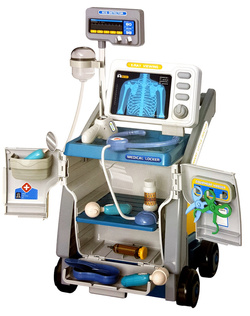 WÓZEK LEKARSKI Z RTG LEKARZ DOKTOR ZESTAW SZPITAL ZABAWKA NA KÓŁKACH 16 el.