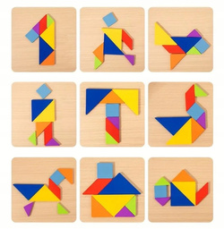 TANGRAM DREWNIANE PUZZLE UKŁADANKA W METALOWYM PUDEŁKU +120 KART Z FIGURAMI