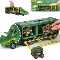 AUTO DINOZAUR ZE ZJEŻDŻALNIĄ LAWETA tir autka W WALIZCE POJAZDY DINOZAURY