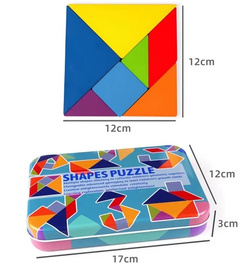TANGRAM DREWNIANE PUZZLE UKŁADANKA W METALOWYM PUDEŁKU +120 KART Z FIGURAMI
