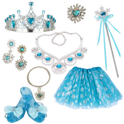 ZESTAW PRZEBRANIE STRÓJ KSIĘŻNICZKI KRÓLOWEJ ŚNIEGU KORONA SPÓDNICZKA BUTY