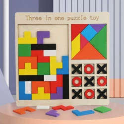 UKŁADANKA 3W1 TETRIS TANGRAM GRA KÓŁKO I KRZYŻYK KLOCKI Z DREWNA NA PREZENT
