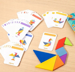 TANGRAM DREWNIANE PUZZLE UKŁADANKA W METALOWYM PUDEŁKU +120 KART Z FIGURAMI