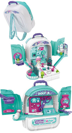 DUŻY OTWIERANY DOMEK Z LALKA W PLECAKU I ZESTAW LEKARZ DOKTOR DO ZABAWY 3w1