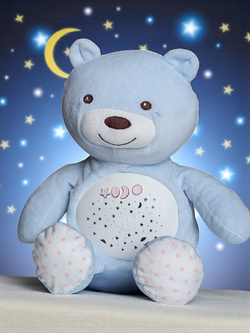 PLUSZOWY MIŚ USYPIACZ PROJEKTOR GWIAZD MUZYCZNA LAMPKA NOCNA I MELODIE BLUE